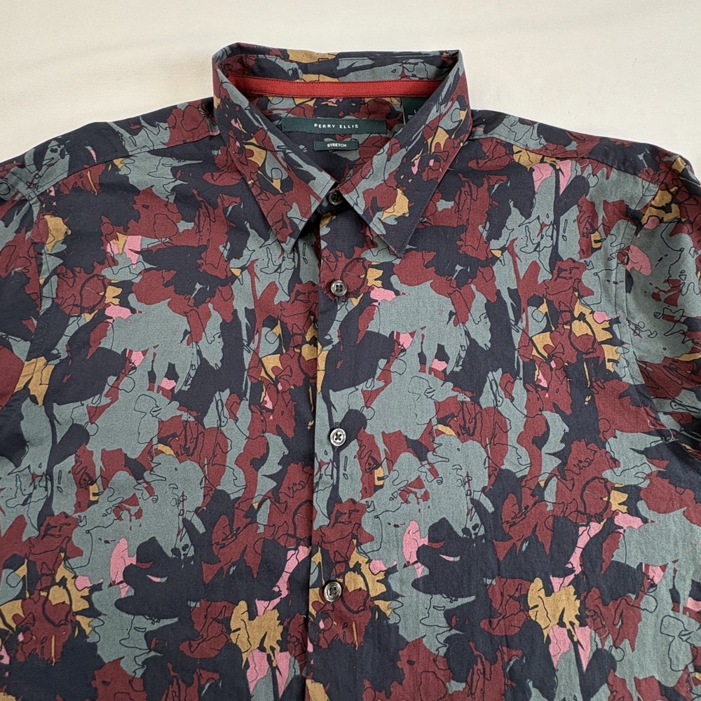 Perry Ellis Mens Stretch Button Down Shirt Abstract Floral Camo Pattern Large